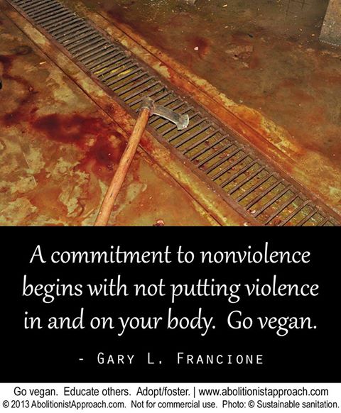 „Ein Engagement für Gewaltlosigkeit beginnt damit, keine (Produkte der) Gewalt mehr zu essen oder auf seinem Körper zu tragen.“ Professor Dr. Gary L. Francione