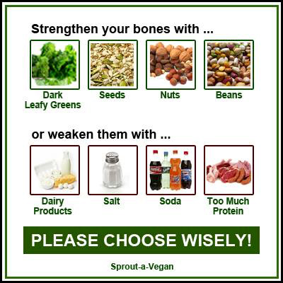 STÄRKE Deine Knochen mit grünem Blattgemüse, Samen, Nüssen und Bohnen oder SCHWÄCHE sie mit Milchprodukten, Salz, Limonaden und Tierprotein