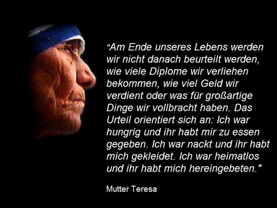 Bedenke diese Aussage von Mutter Teresa jeden Tag und beziehe auch Tiere und Hungernde ein – denn was wir essen hat erhebliche Auswirkungen auf die Hungernden dieser Welt: